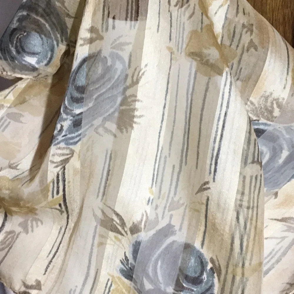 Scarf, silk, sheer and opaque, for neck or headband, colors are grays & gold